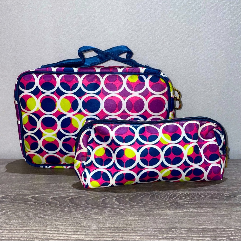 CONTENTS BY ALLEGRO Cosmetic Travel Makeup Bag Purple Pink Circles Bag 2pc